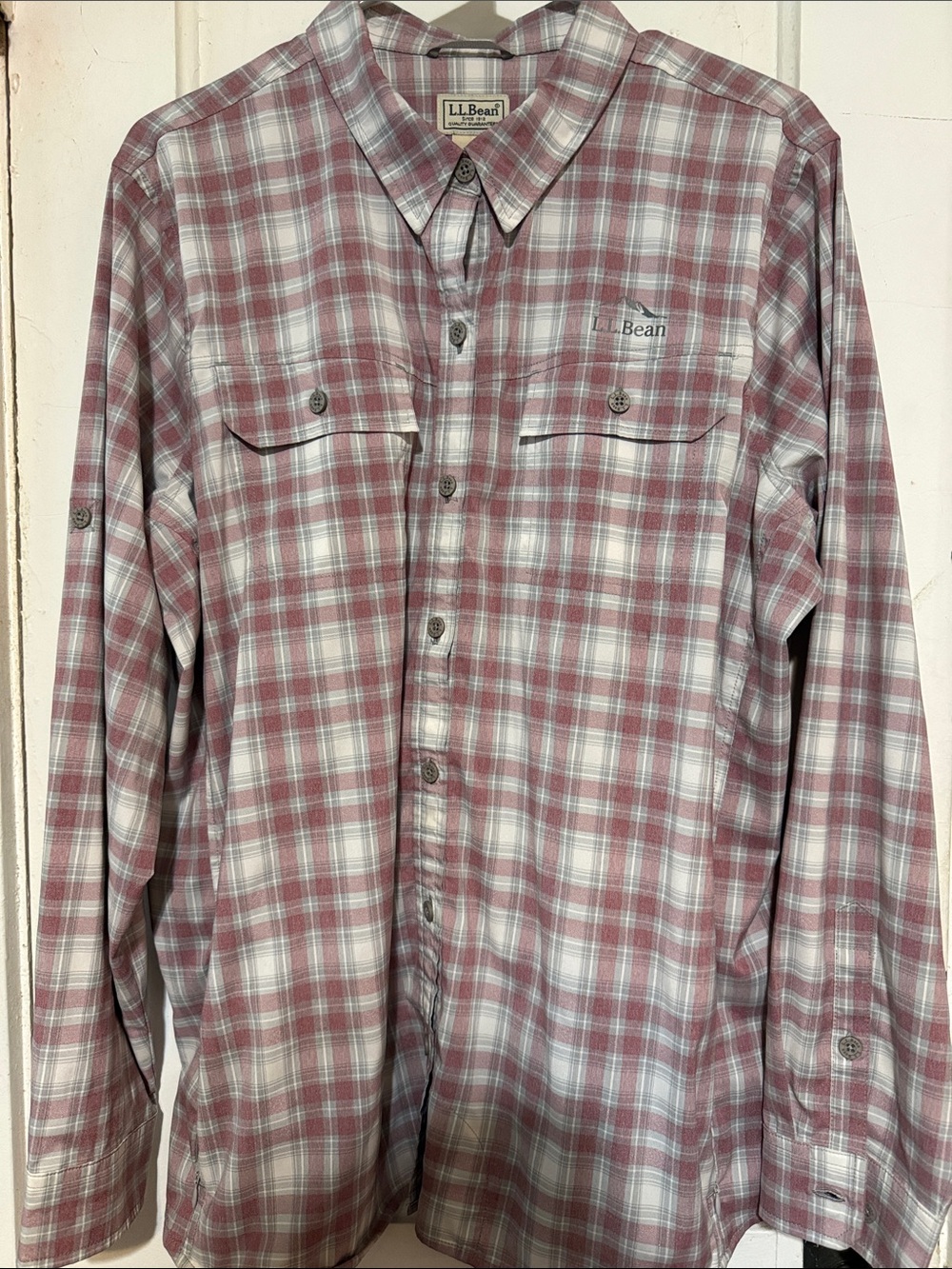 L.L. Bean Men's Pink and White Plaid Long-Sleeve Button-Down Shirt